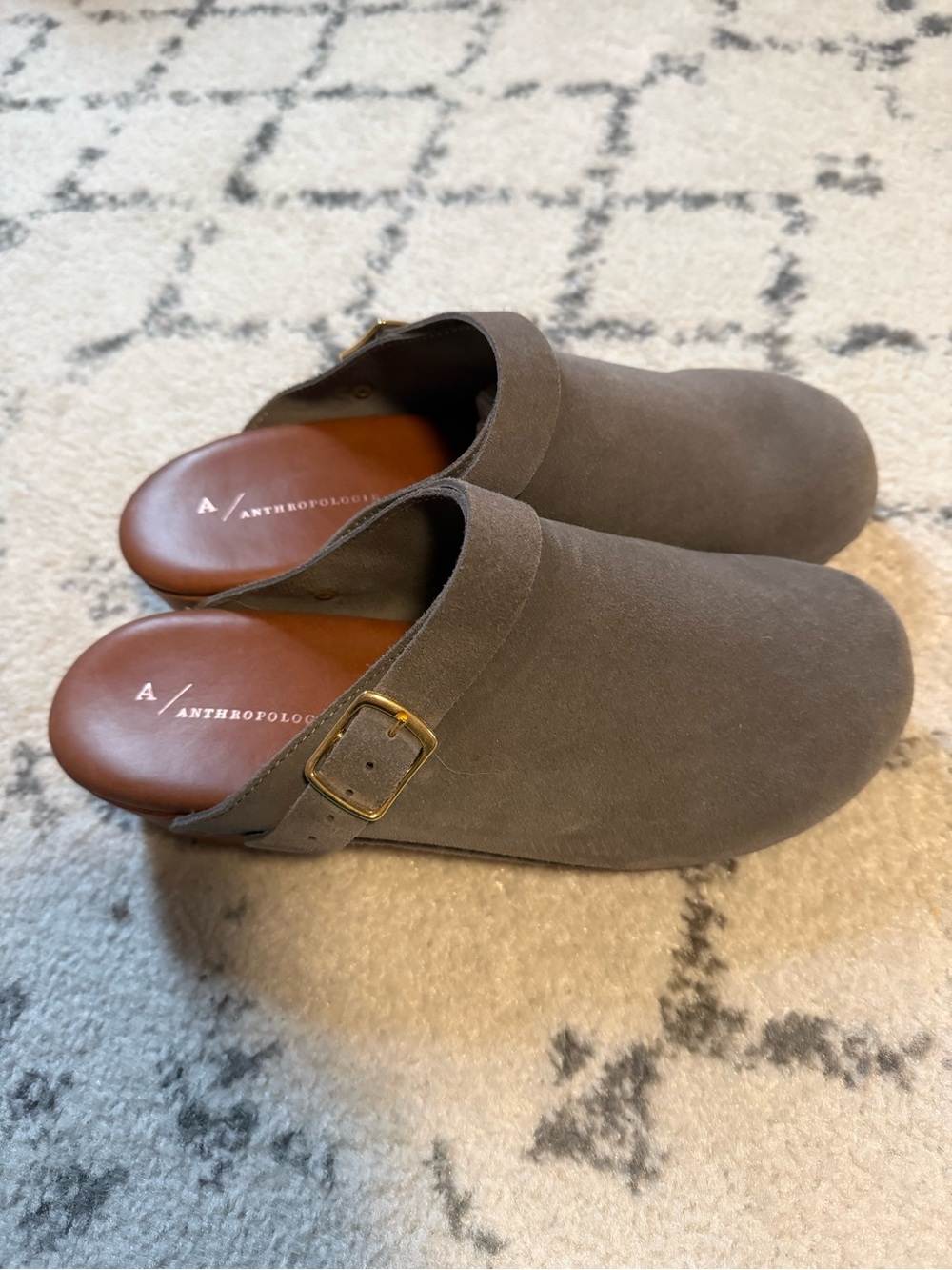 Anthropologie Gray Suede Slip-On Clogs with Buckle